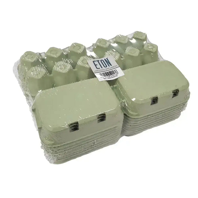 Stack of light green plastic eton egg box plain flat top 20 pack wrapped in clear plastic good quality box opening