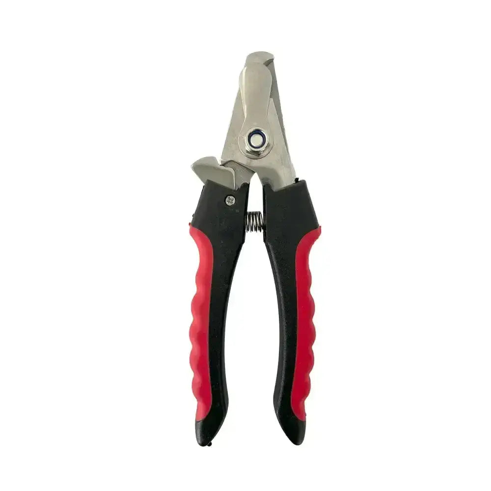 Eton nail claw nail clipper with red and black handles and a metallic cutting head wire cutters style design
