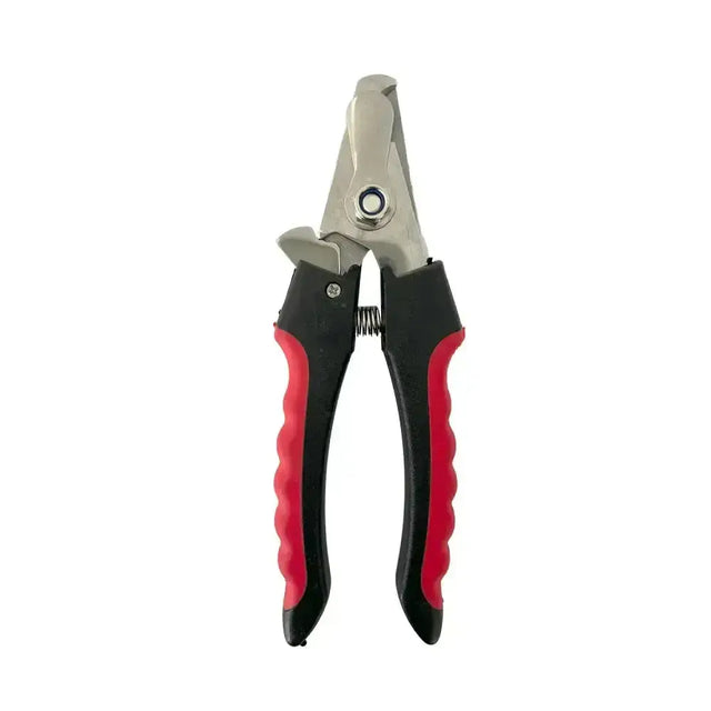 Eton nail claw nail clipper with red and black handles and a metallic cutting head wire cutters style design