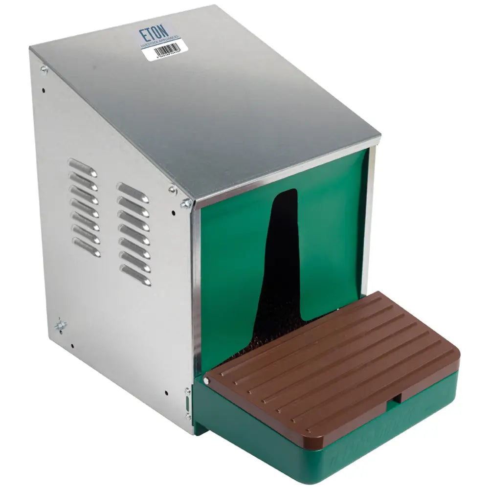 Eton nestomatic rollaway nest box with stainless steel and green plastic automated chicken feeder and brown step