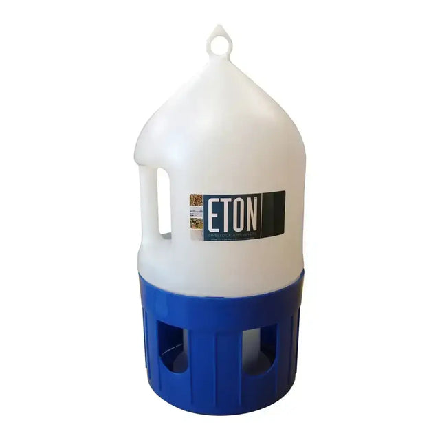 White and blue plastic eton pigeon drinker with handle and multiple feeding slots for hanging or standing use