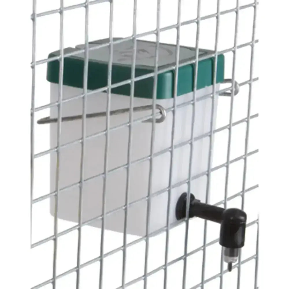 White plastic eton plastic square nipple drinker with green lid and black spout mounted on wire grid