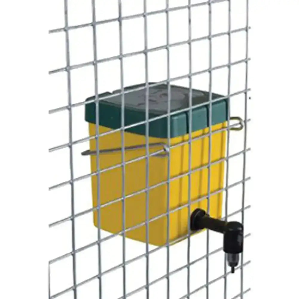Eton plastic square nipple drinker yellow with dark green lid and black spout mounted on wire grid for older poultry