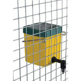 Eton plastic square nipple drinker yellow with dark green lid and black spout mounted on wire grid for older poultry