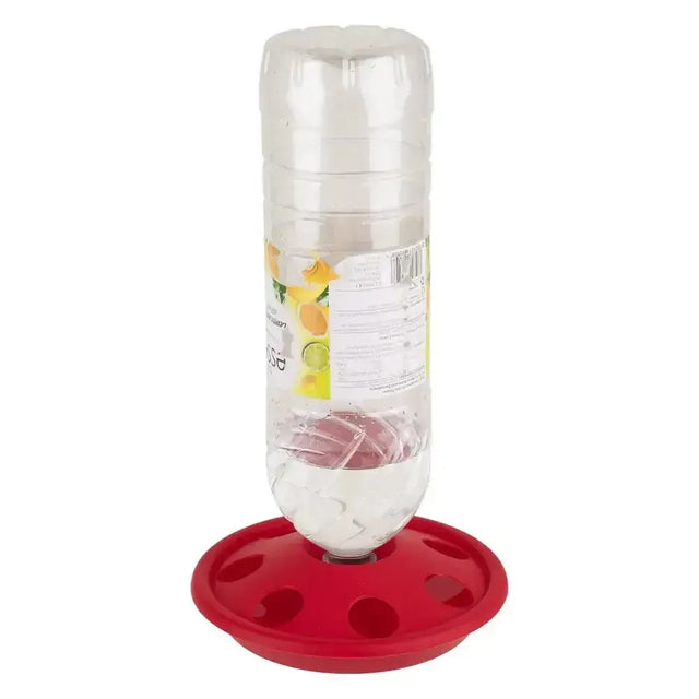 Clear plastic eton pop bottle hummingbird feeder with red pop bottle drinker base and lemon-themed label