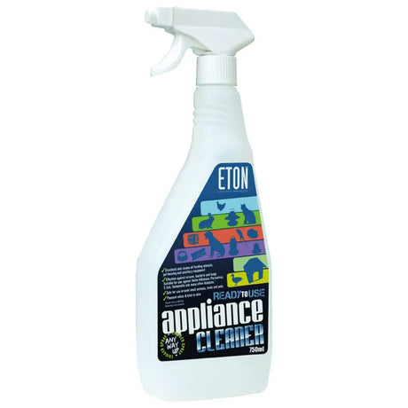 White plastic spray bottle of eton rtu appliance cleaner with colorful animal label ready to use biocidal disinfectant