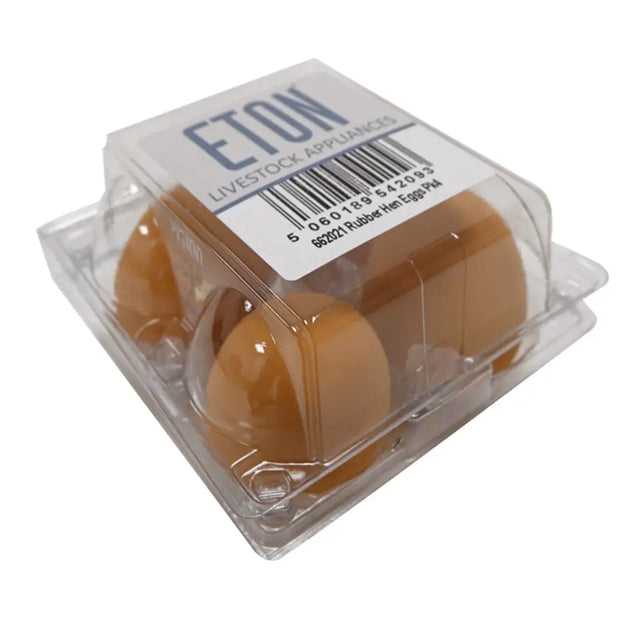 A clear plastic package of six brown realistic dummy rubber hen eggs labeled with eton rubber hen brand sticker