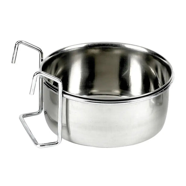 Eton stainless steel coop cup is a removable stainless steel animal feeding bowl with a sturdy wire hanger