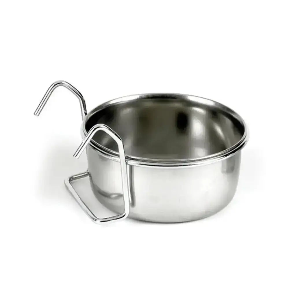 Eton stainless steel coop cup with hanger featuring a removable stainless steel bowl and two curved hooks for easy mounting