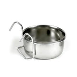 Eton stainless steel coop cup with hanger featuring a removable stainless steel bowl and two curved hooks for easy mounting