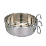 Eton stainless steel coop cup with hanger is a removable stainless steel pet bowl with two hooks for hanging