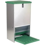 Eton treadle poultry automatic feeder with green plastic tray stainless steel body hinged door and quiet treadle action