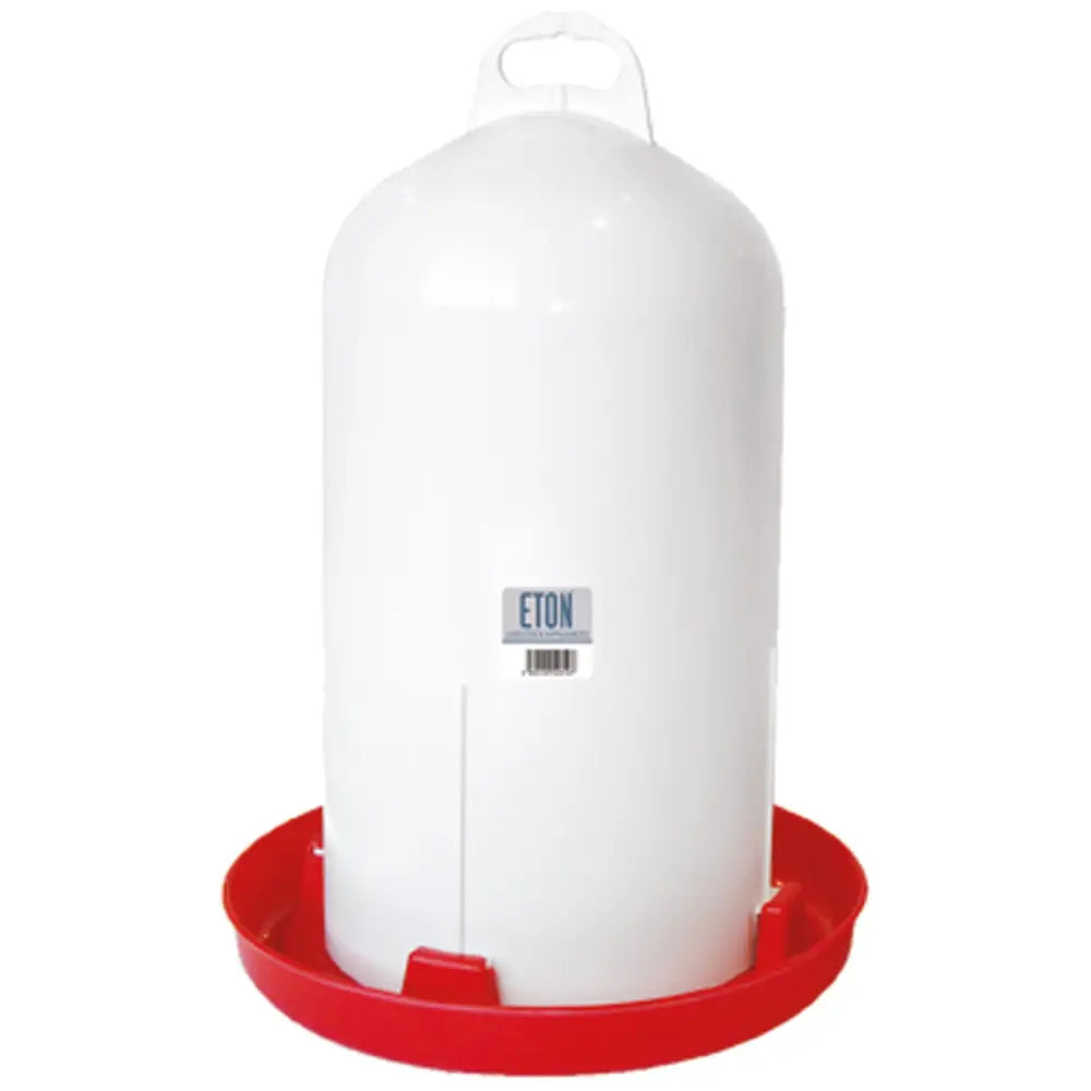 Eton trent poultry white plastic drinker with red base and handle features traditional cylinder design for easy use