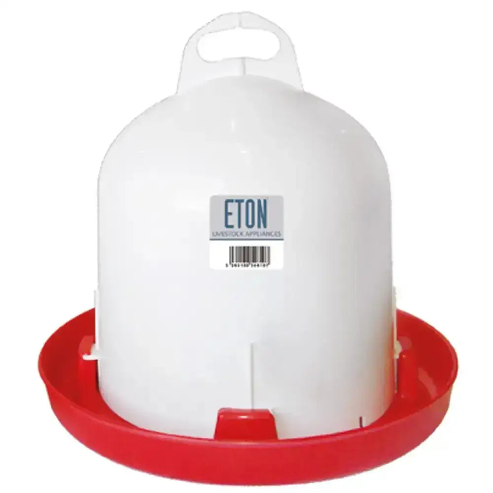 White plastic eton trent poultry waterer with red base and handle trent poultry drinker traditional cylinder design