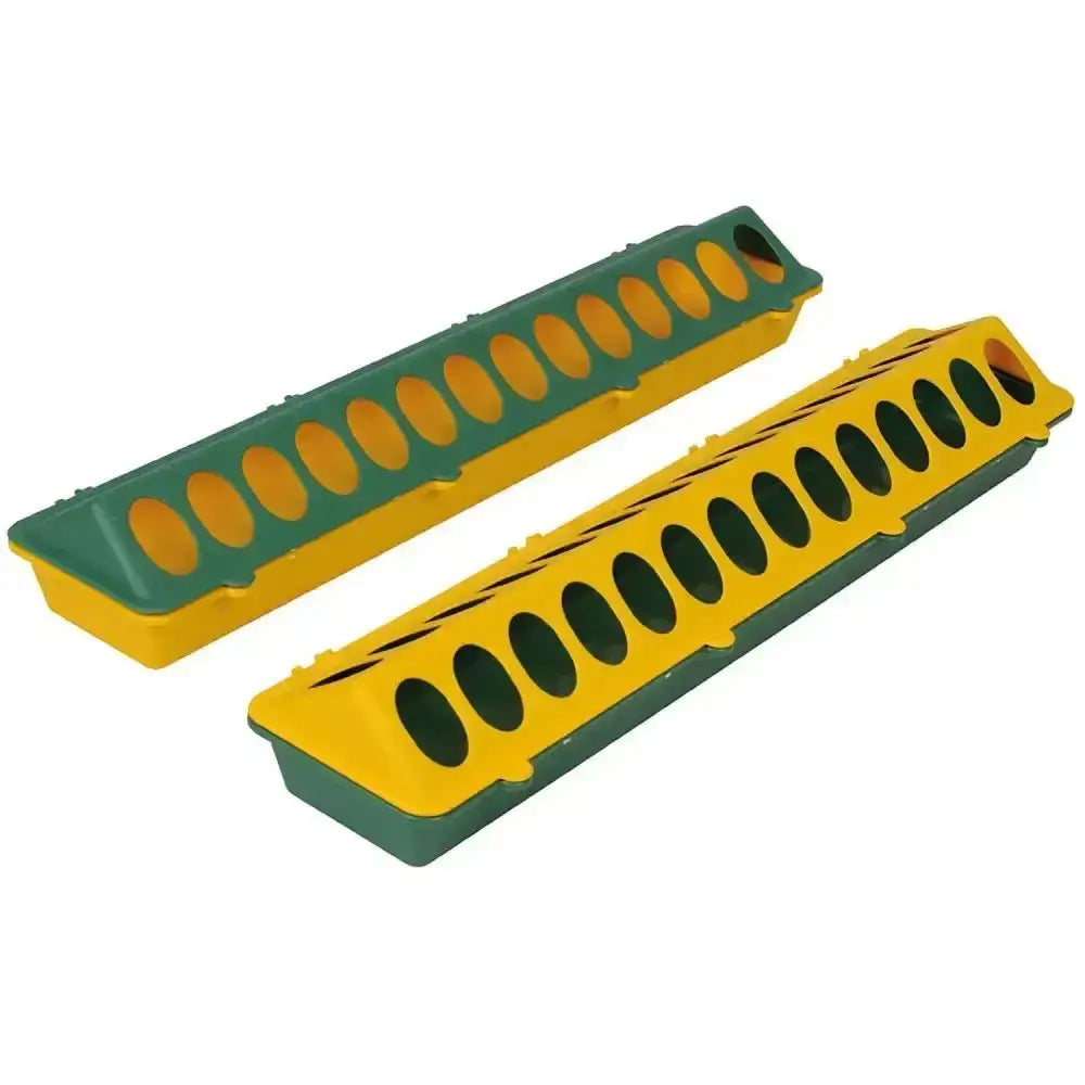 Two plastic trough poultry feeders made in green yellow and dark green yellow for chicks by eton ts chick trough poultry