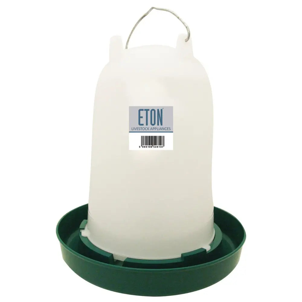 Eton ts poultry drinker green with white translucent plastic feeder, green base, and metal hanging loop for easy use