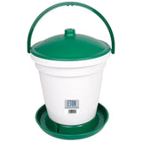 Green and white plastic eton ts18 poultry drinker with handle lid and base tray for robust poultry watering use