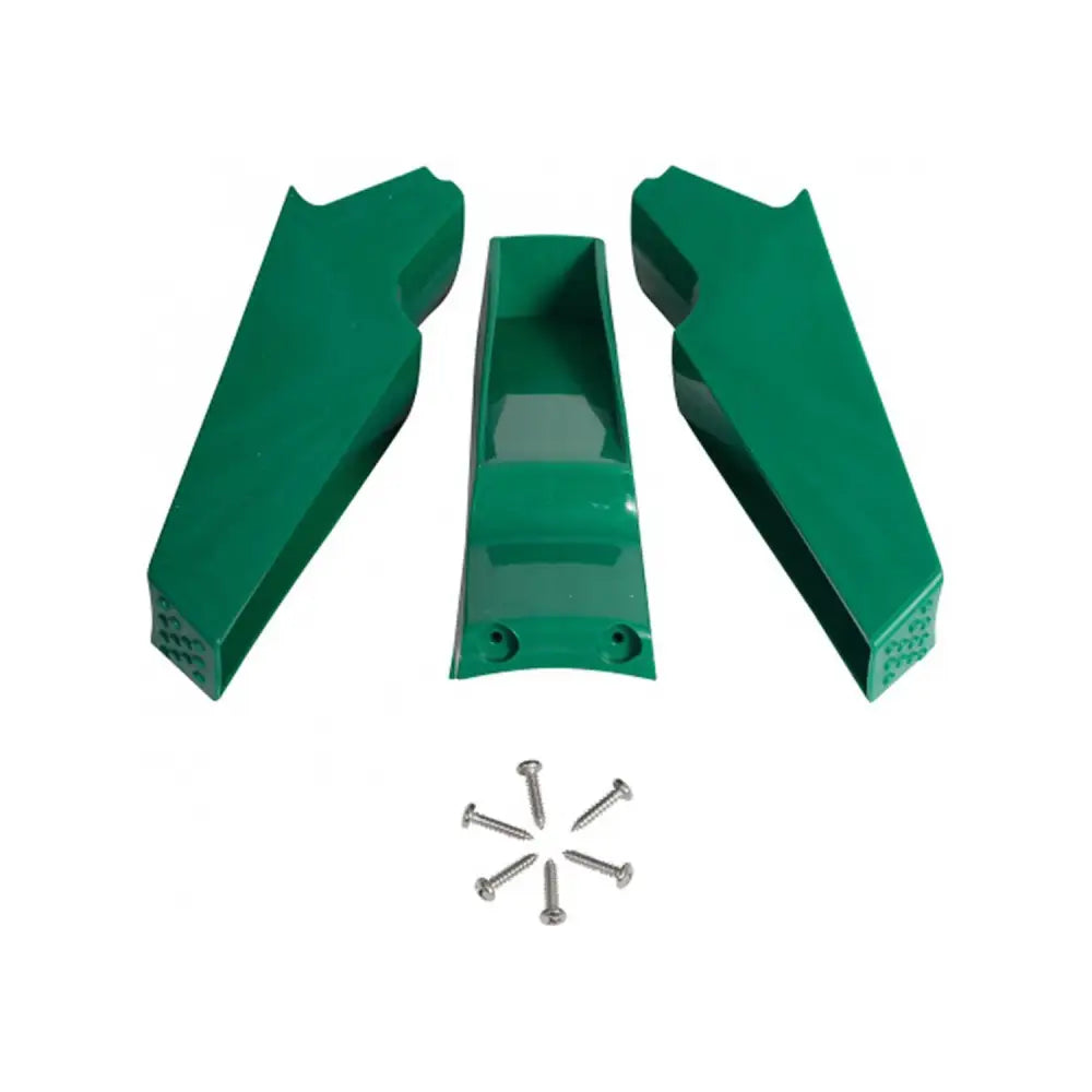 Green plastic eton ts18 poultry drinker legs with central channel angled ends and six silver screws to fit ts18 drinker