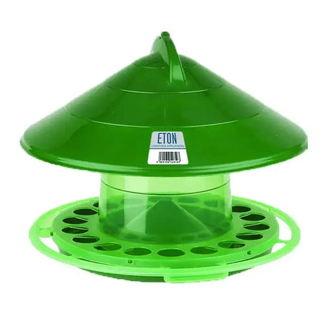 Green plastic eton tsa wild bird feeder with conical roof and circular base featuring multiple feeding holes