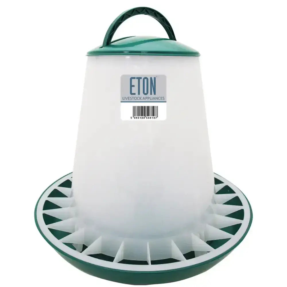 Eton tsf poultry feeder green is a white and green robust plastic feeder with a twist lock base and handle on top