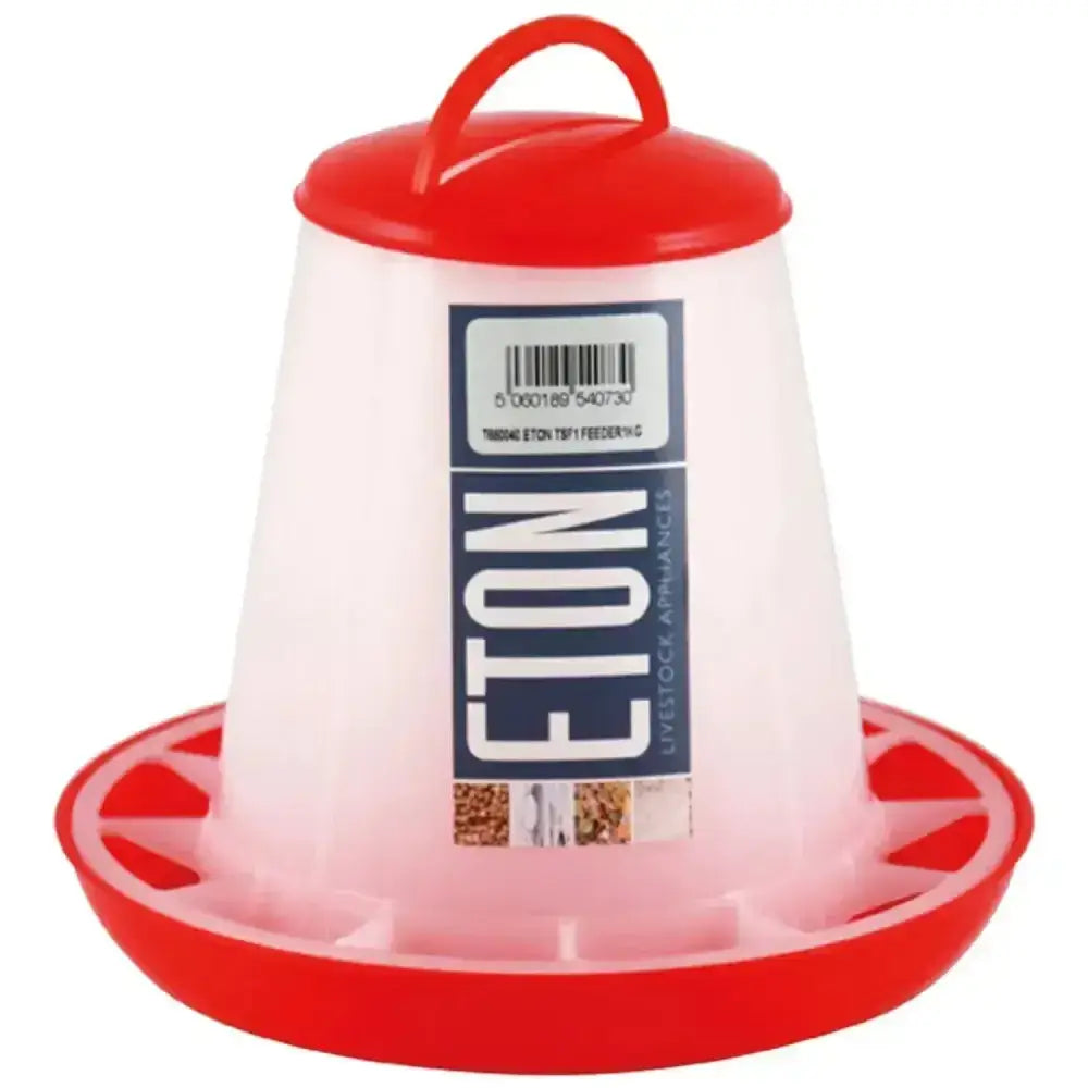Eton tsf poultry feeder red with robust plastic build twist lock base and handy top handle for easy feeding