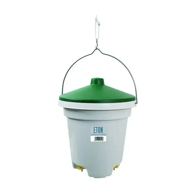 Gray plastic eton tsn12 poultry bucket with green lid and metal handle for bucket fed nipple drinker use