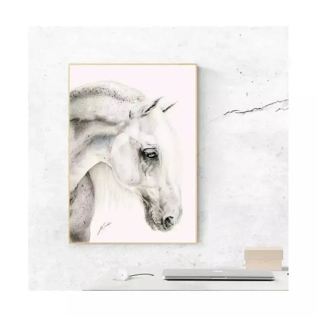 A delicate graphite sketch print flea bitten grey of a white horse head framed in a slender light wood backing board