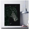 Black charcoal sketch of friesian horse head on dark background printed on a4 print with backing board and retail sticker
