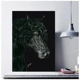 Black charcoal sketch of friesian horse head on dark background with retail sticker and backing board feature exquisite detail