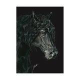 A4 print of a detailed charcoal sketch of a black friesian horse head with flowing mane on backing board with retail sticker