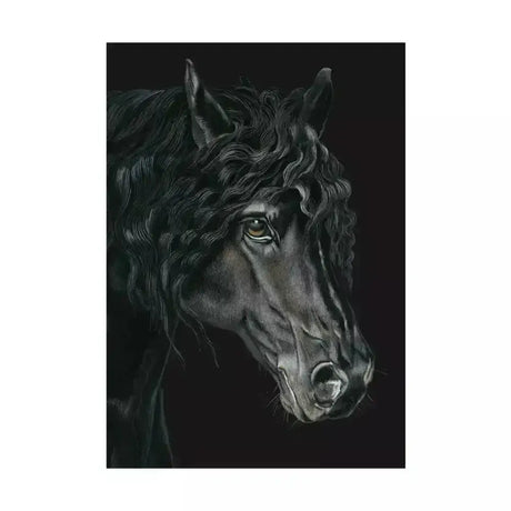 A hand illustrated equine fine-art charcoal drawing of a black friesian horse head with flowing curly mane on eureka card