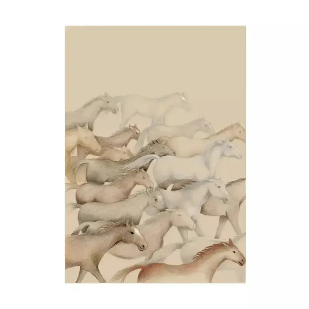 A soft beige rectangular canvas print featuring a hand illustrated equine watercolor style titled eureka card the herd