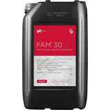 Black plastic jerrycan of evans vanodine fam 30 concentrated defra iodophor disinfectant with red and white label