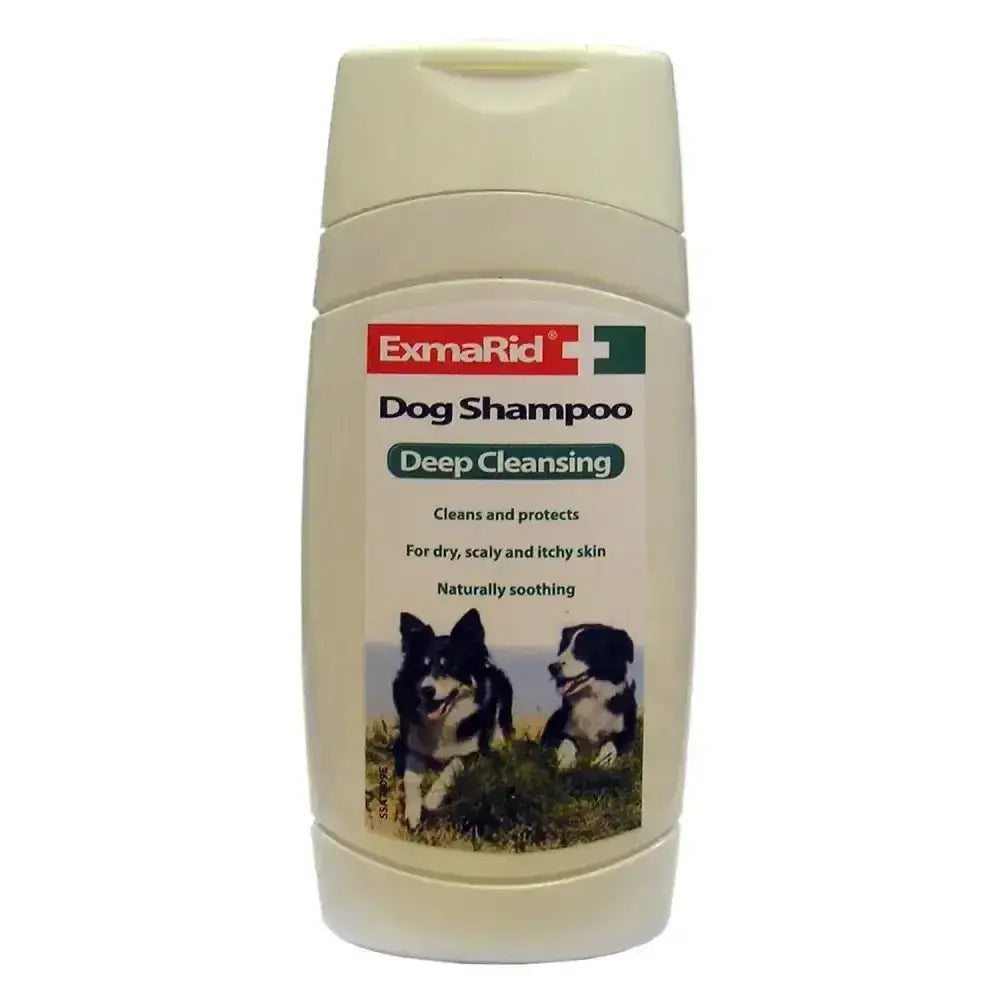 Cream-colored plastic bottle of exmarid deep cleansing dog shampoo with natural anti-scurf cade oil formula
