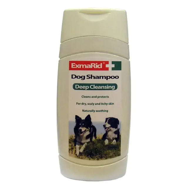 Cream-colored plastic bottle of exmarid deep cleansing dog shampoo with natural anti-scurf cade oil formula
