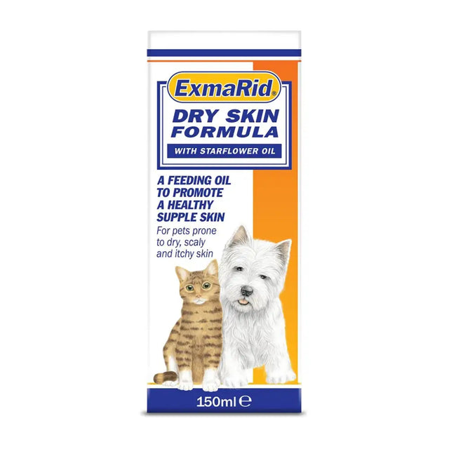 Exmarid dry skin nutritional feeding oil with starflower oil in 150ml bottle supports pets skin’s natural defences