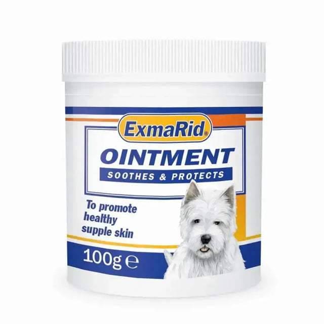 White plastic jar of exmarid ointment 100g with blue and orange label featuring a white dog cade oil helps soothe skin