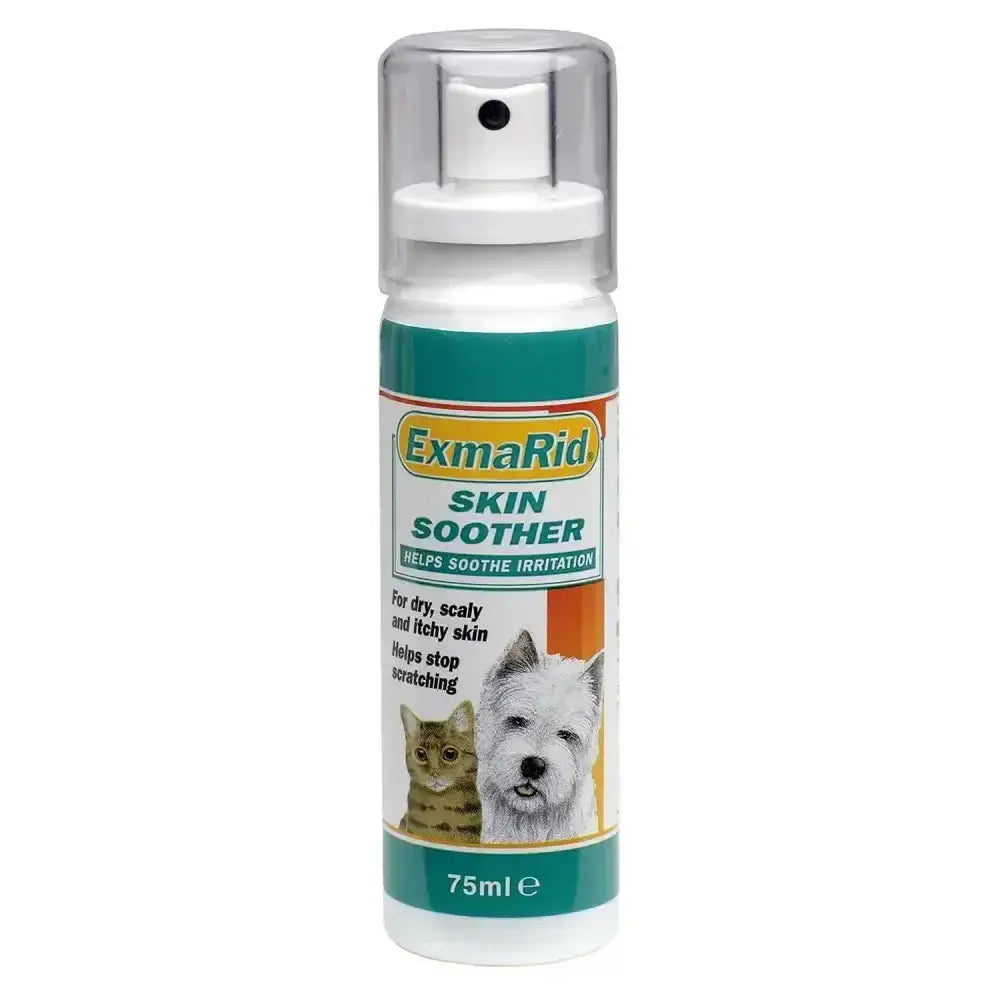 Exmarid skin soother spray bottle with white body teal accents and clear nozzle to stop scratching with tea tree