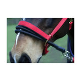 Red and black ezyloader headcollar adapter with adjustable straps and metal hardware simplifies loading horses