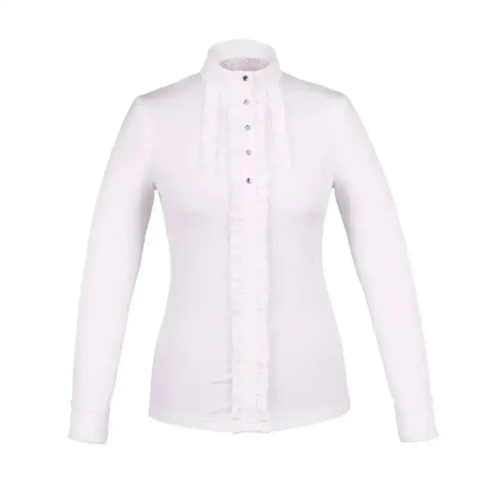 White fair play blanca long sleeve competition shirt with high collar and front button closure