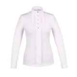 White fair play blanca long sleeve competition shirt with high collar and front button closure