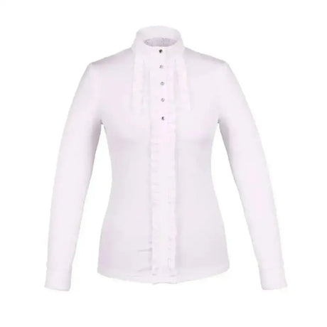 White fair play blanca long sleeve competition shirt with high collar and front button closure