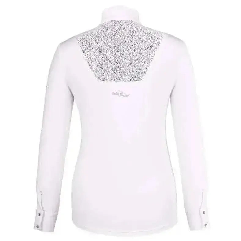 White fair play blanca long sleeve competition shirt with silver sequined panel on back and subtle branding near neckline