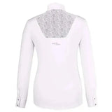 White fair play blanca long sleeve competition shirt with silver sequined panel on back and subtle branding near neckline