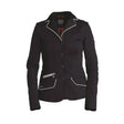 Black fair play lady show jacket with white piping on collar placket and pockets for equestrian events