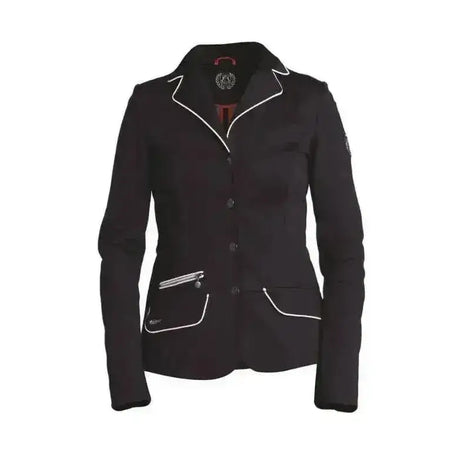 Black fair play lady show jacket with white piping on collar placket and pockets for equestrian events