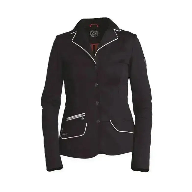 Black fair play lady show jacket with white piping on collar placket and pockets for equestrian events