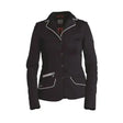 Black women’s fair play evita pro navy equestrian jacket with white piping on collar front and pockets