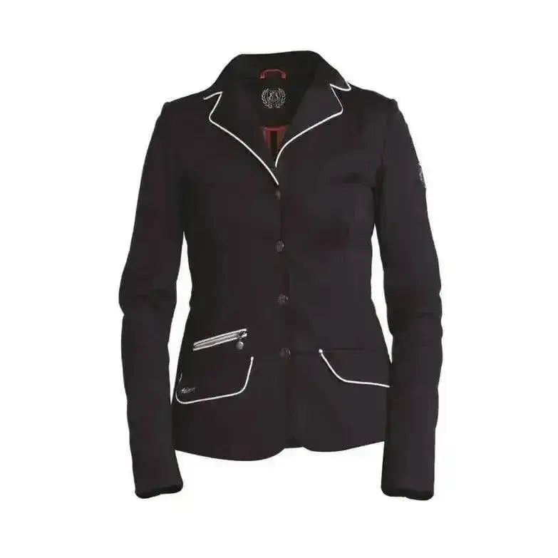 Black women’s fair play evita pro navy equestrian jacket with white piping on collar front and pockets