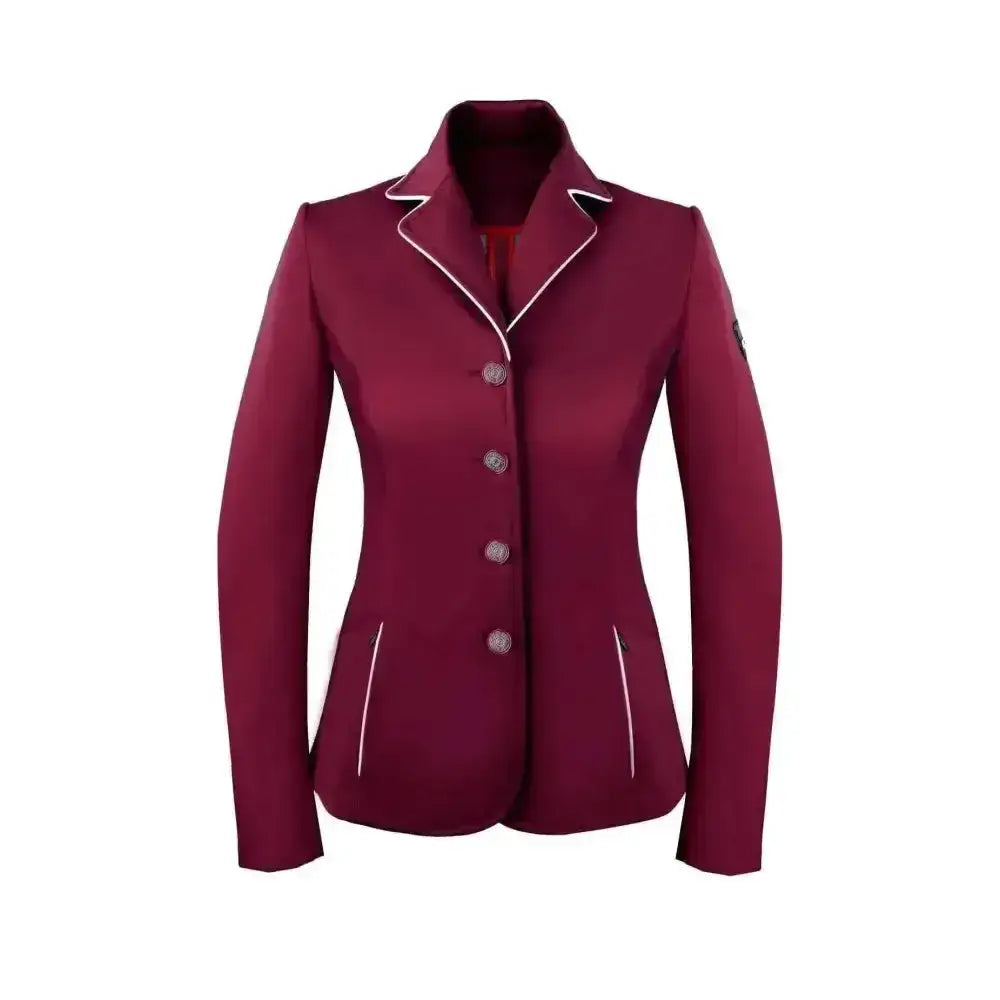 A maroon equestrian jacket michelle burgundy with white piping on collar front placket and side seams super stylish short